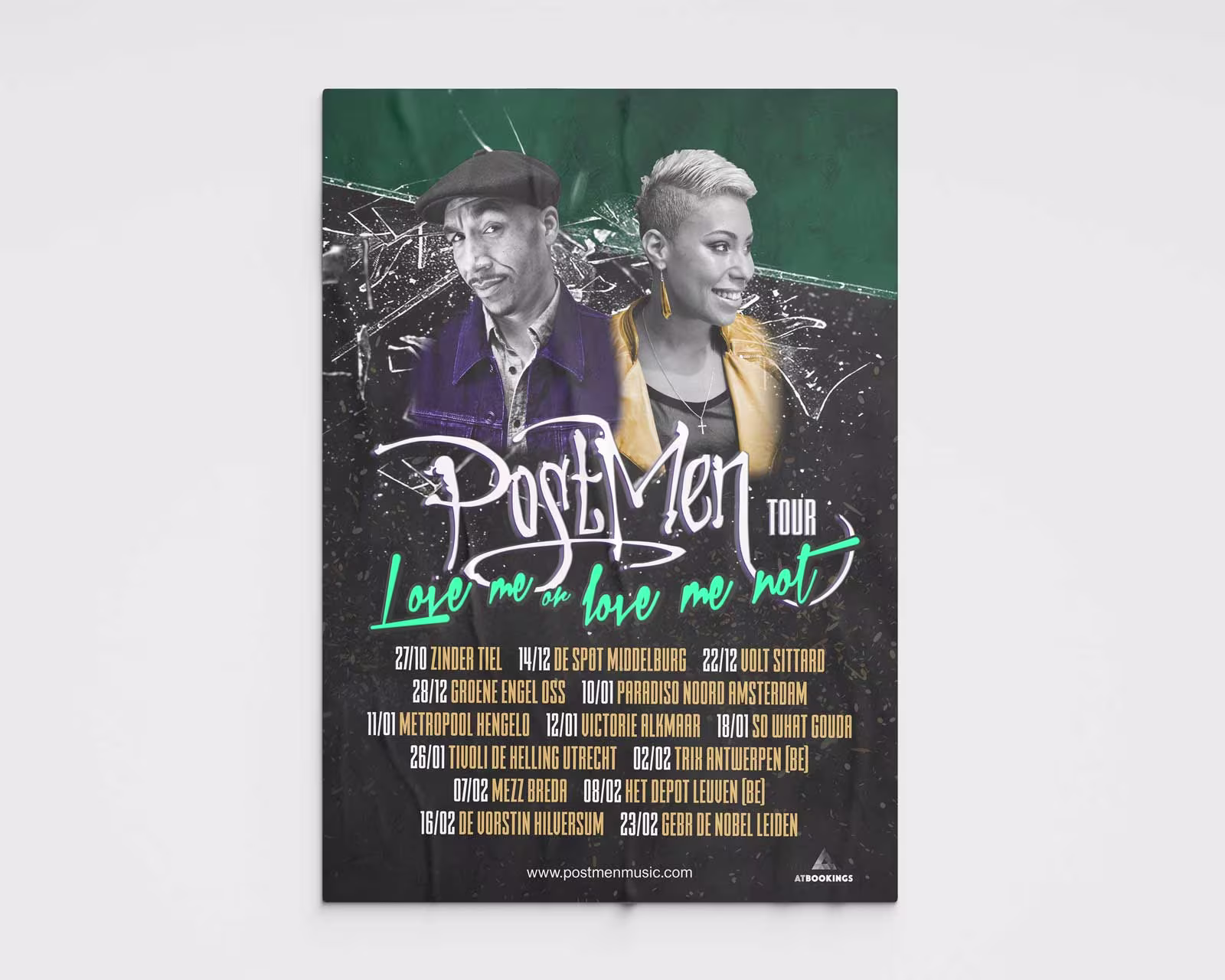 een poster voor de band Postmen gemaakt door Mathijs Verstegen