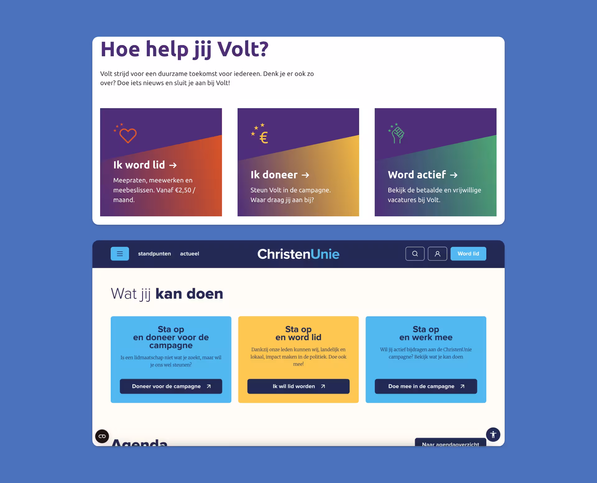 De call to action blokken van de politieke websites van Volt en ChristenUnie