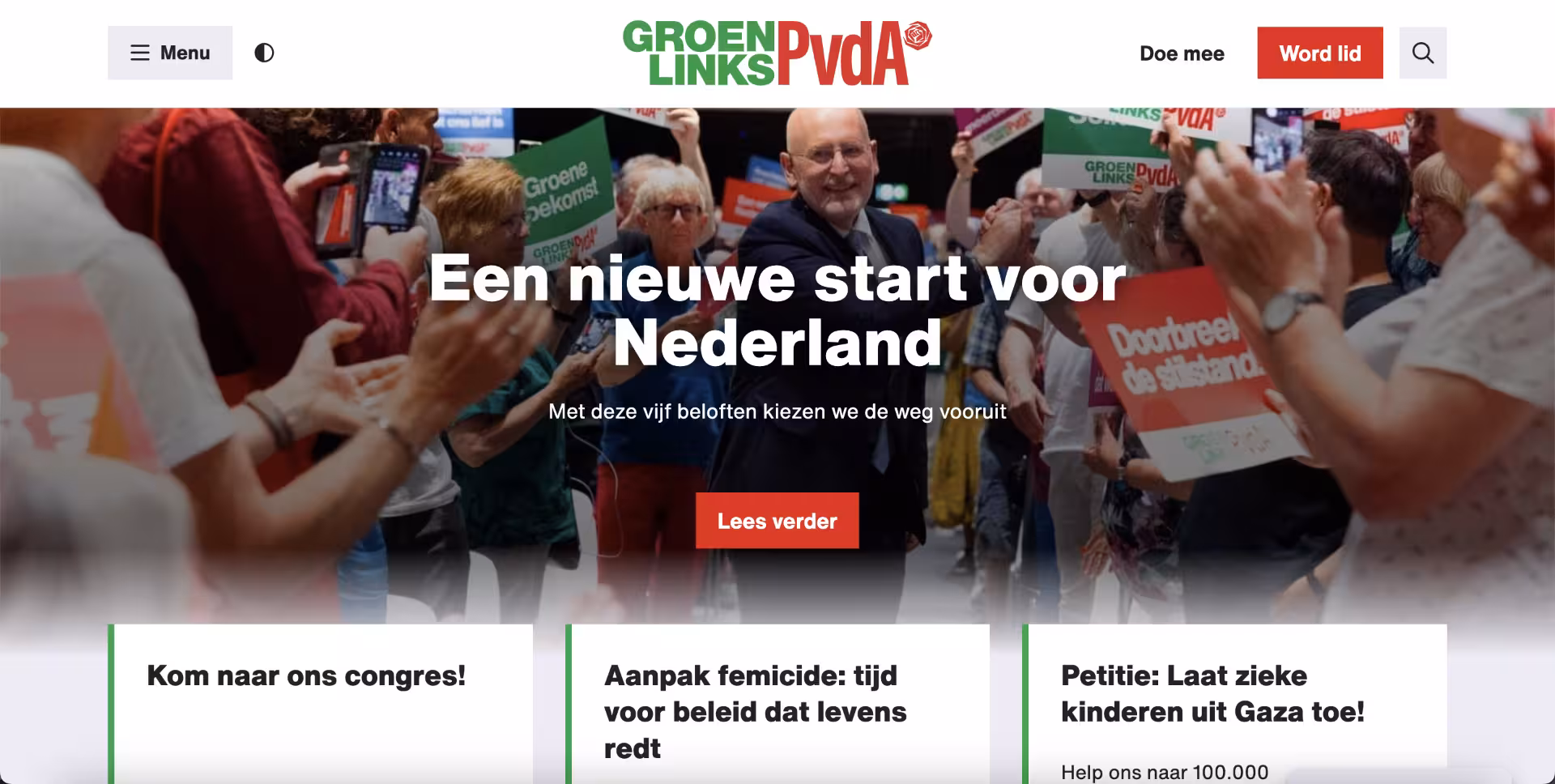 de homepage van GroenLinks-PvdA