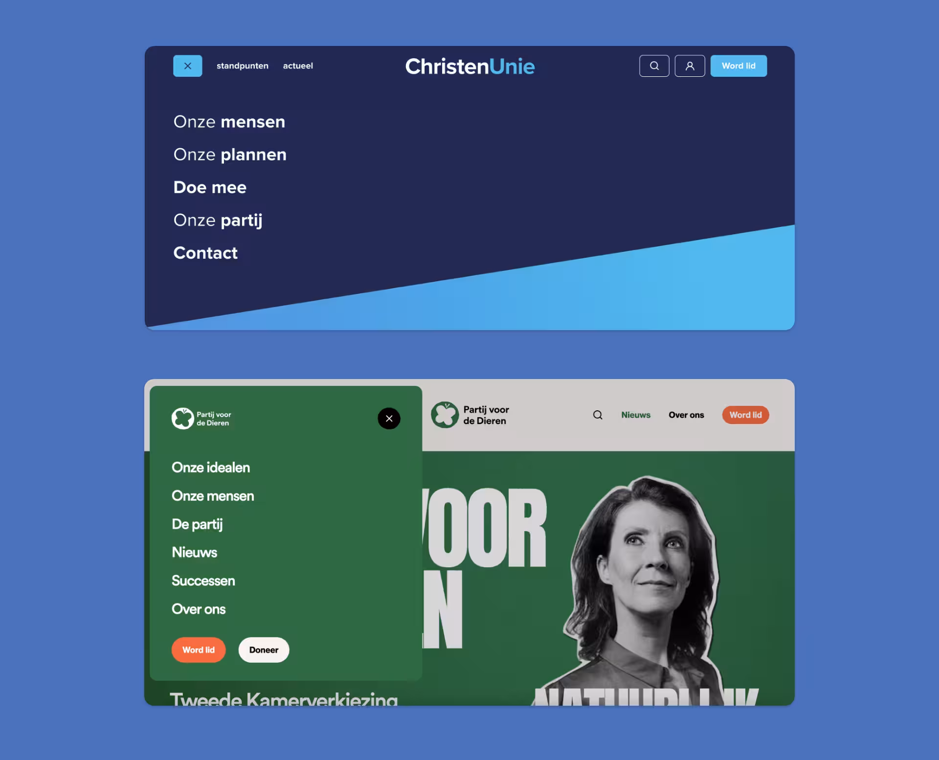 De navigatie op politieke websites van ChristenUnie en Partij voor de Dieren