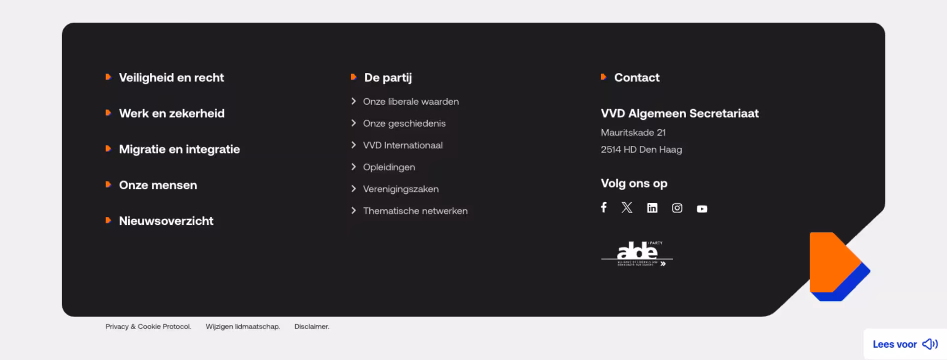 Footer van de VVD-website met contactinformatie