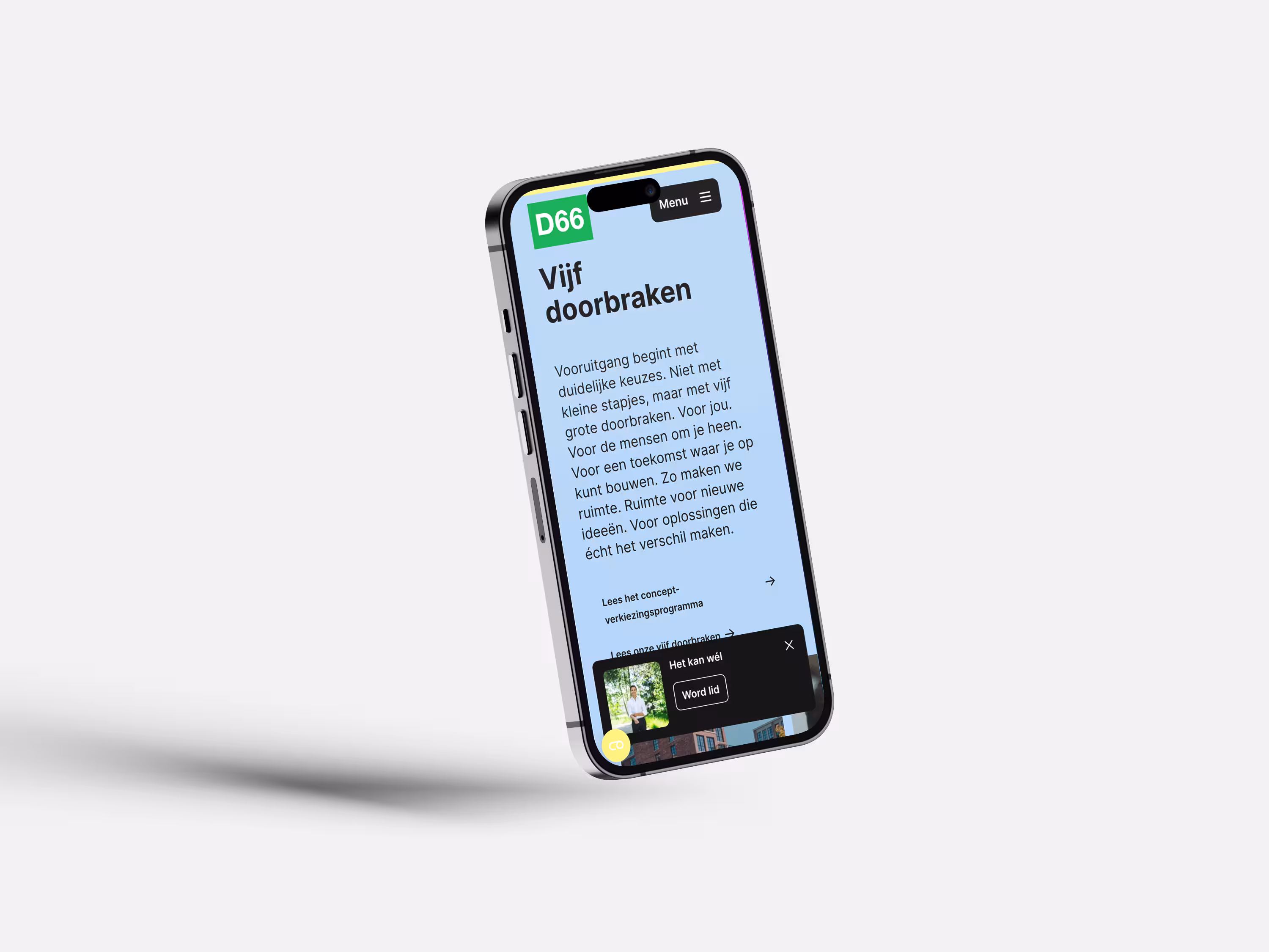 een mockup van de mobiele website van D66.nl